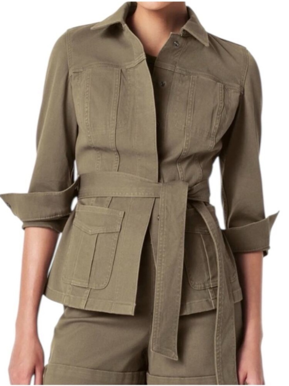 SPANX Stretch Twill Shacket NWT size Large Tuscan Olive Green Belted Jacket